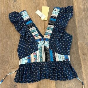 Anthropologie Blue Floral Patchwork Blouse